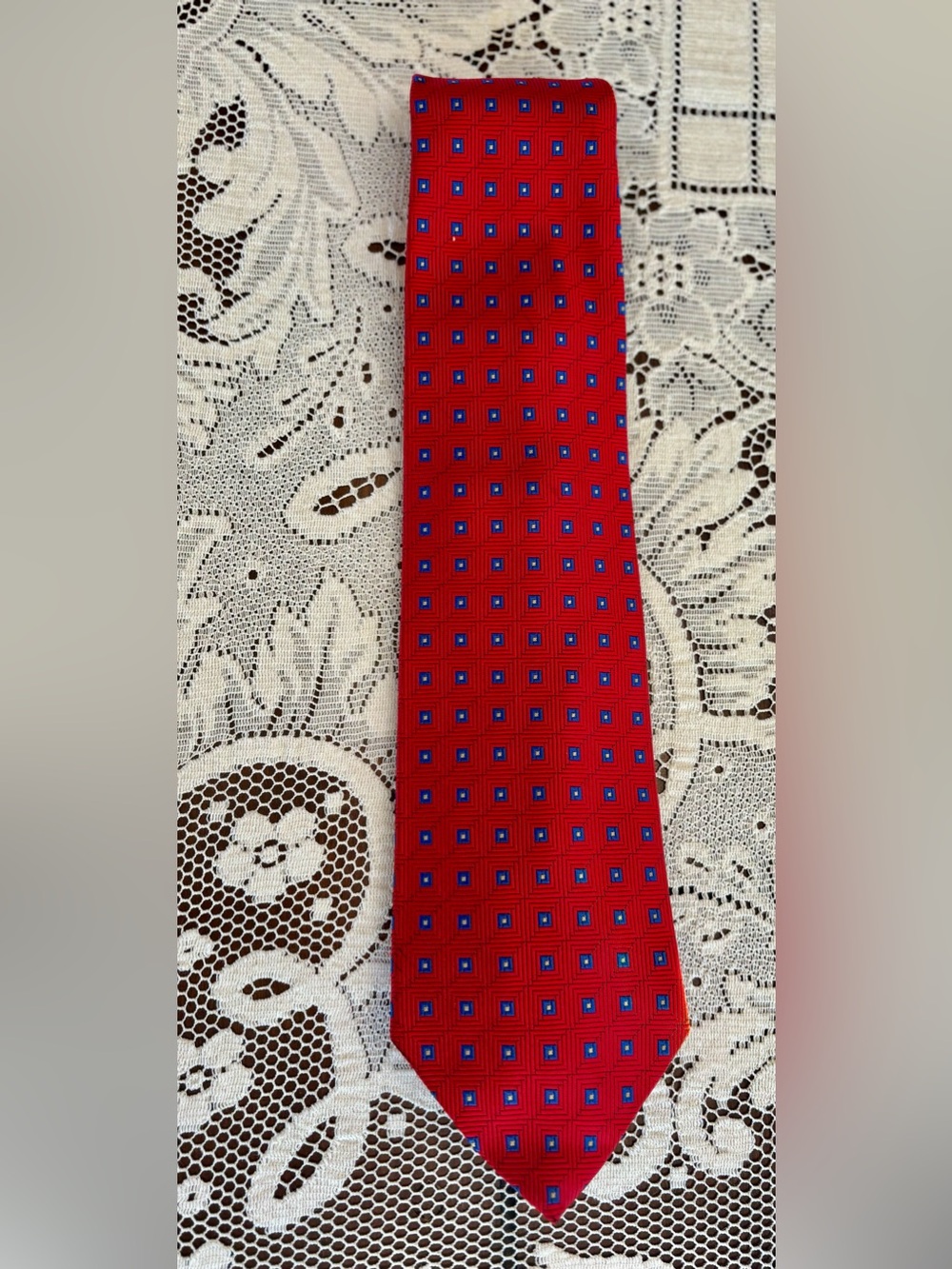Brooks Brothers Red Tie with Blue Square Motif. 100% silk and stain resistant.